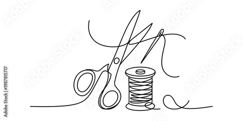 Minimalist continuous line drawing of sewing tools including scissors needle and thread spool Vector, illustration