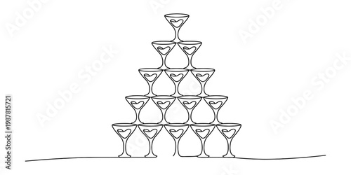 A minimalist single line drawing of a pyramid made of stacked champagne glasses for celebration Vector, illustration