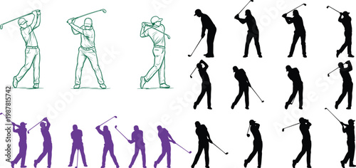 Golf player silhouettes collection, athletes swinging clubs in various poses, black vector set for sports, training, competition, outdoor activity and golf course design use
