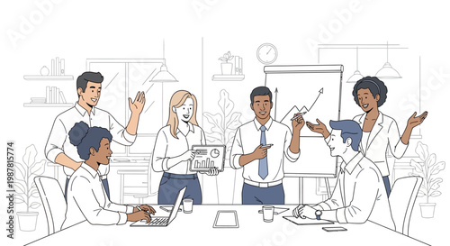 Diverse business team collaborating on a project in a modern office setting.