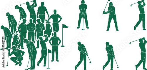 Golf player silhouettes set, group and individual golfers swinging clubs, black vector collection for sports, training, competition, outdoor recreation and golf course design use