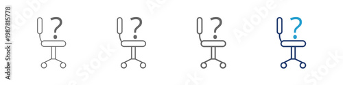 The hiring icon concept is depicted by a chair and a question mark symbol, designed with varying line thicknesses and a blue color scheme for web and illustration icon design. 
