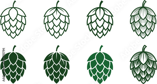 Hop cone silhouettes collection, beer brewing ingredient icons, detailed botanical vector set for craft beer, brewery branding, agriculture, organic products and beverage design use