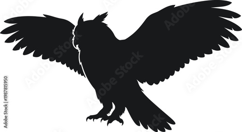 Owl silhouette with spread wings, detailed nocturnal bird in flight, black vector illustration for wildlife, nature, tattoo, logo and mystical design use
