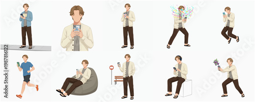 Artistic Illustration Set of Young Man Using Mobile Phone in Various Poses