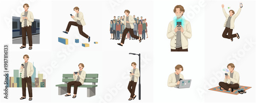 Illustrative Casual Man Using Mobile Phone in Various Urban Scenarios