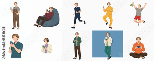 Stylized Hand Drawn Diverse Man Using Mobile Phone in Various Poses Illustration