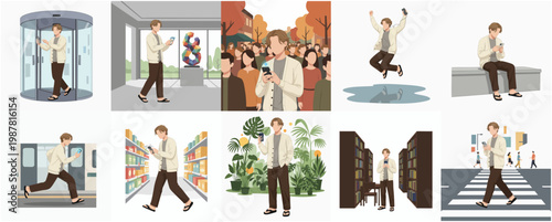 Modern Flat Illustration of Man Using Smartphone in Various Public Places Set