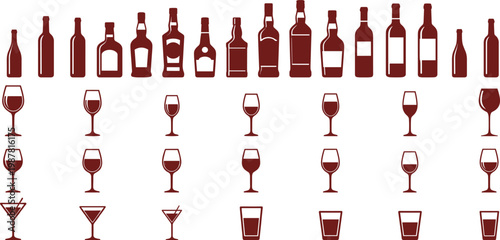 Wine bottles and glasses silhouettes set, various alcohol drink containers and glassware icons, black vector collection for bar, restaurant, beverage menu and nightlife design use