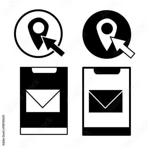 Vector illustration design of a message and location. Black and white color scheme with silhouette style. Suitable for logos, companies, banners, icons, and websites.