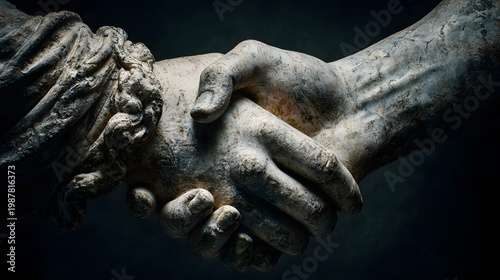 Intricate Marble Sculpture of Two Hands Shaking Signifying Unity and Connection in Ancient Greek Art
