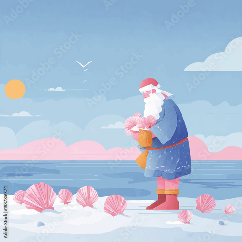Charming 2D flat vector illustration of Santa beach leisure, carefully placing vibrant seashells on the sandy shore, capturing a serene holiday moment by the ocean