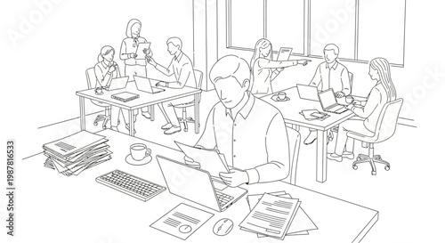 Diverse team collaborating in modern open office space, brainstorming ideas and working