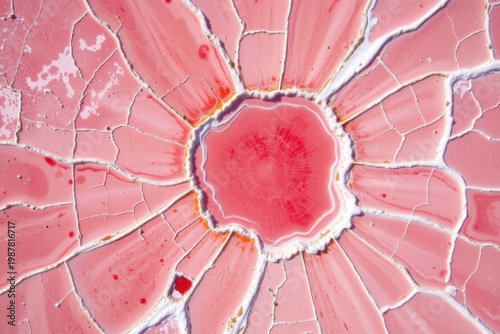Close-up of a polished pink agate gemstone with natural patterns and cracks.