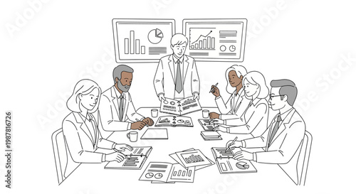 Diverse business team in meeting, discussing charts and reports on table