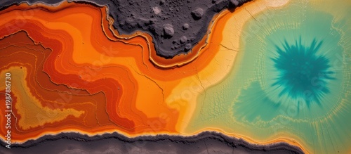 Abstract colorful painting with vibrant orange, teal, and textured layered design.