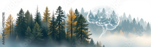 Forest landscape with tall pine trees and a translucent human brain overlay.