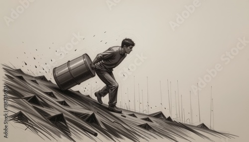 Man carrying heavy barrel uphill on a steep, rocky path with a light beige background.