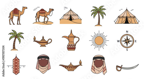 Middle Eastern Desert Icons: Camels, Tents, Palm Trees, Lamps, Compass, Scimitar