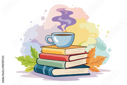Cozy autumn reading stack with steaming coffee, perfect for relaxation and study, originally a scalable vector graphic