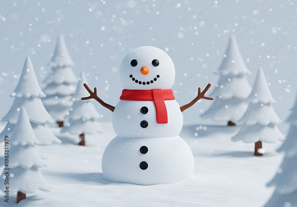 Obraz premium Joyful Snowman: 3D Render, Winter Wonderland