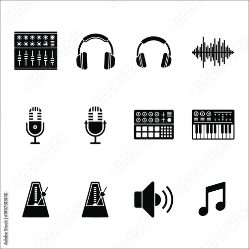 A collection of black and white icons depicting various musical instruments and audio equipment