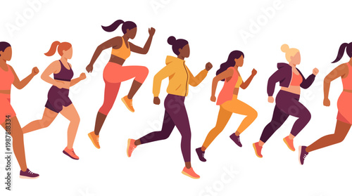 Diverse female executives, managers and professional office workers running in athletic sportswear on white background, concept for employee wellness, corporate marathon and healthy lifestyle