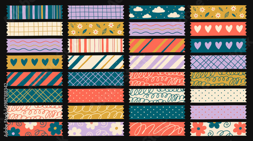 Various colorful patterned washi tape strips with hearts, flowers, stripes and grids on dark background, concept for digital scrapbooking, creative bullet journaling and decorative craft projects