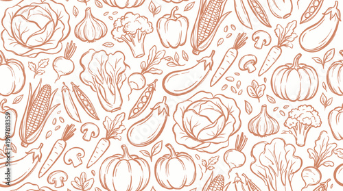 Seamless hand drawn outline vegetable pattern with cabbage pumpkin and broccoli on white background, concept for vegan menu design, food packaging and kitchen wallpaper decoration