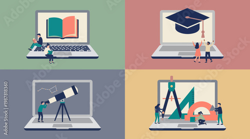 Collection of digital educators using laptops for online learning subjects including science math and graduation, concept for e-learning platform, distant education and virtual study webinar