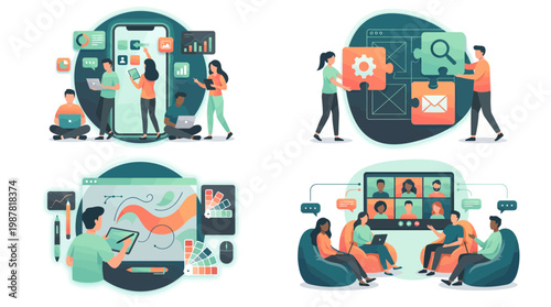 Professional application developers, web designers and digital illustrators working on modern software projects, concept for creative studio branding, team collaboration and corporate work