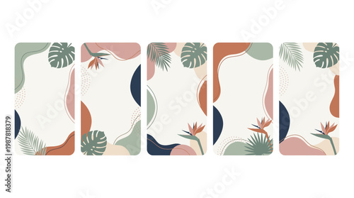 Set of vertical mobile story backgrounds with tropical monstera leaves bird of paradise flowers and abstract organic shapes, concept for social media marketing, branding and advertising
