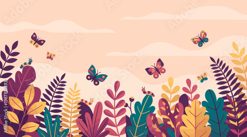 Vibrant butterflies and caterpillars crawling among stylized autumn leaves and foliage on peach background, concept for seasonal greeting cards, nursery wall art and environmental banners