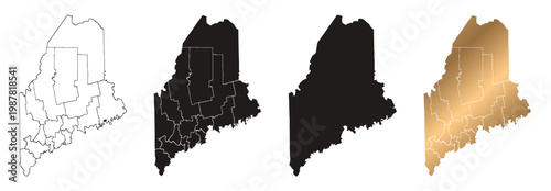 Map of Maine, United States, with black and gold lines.