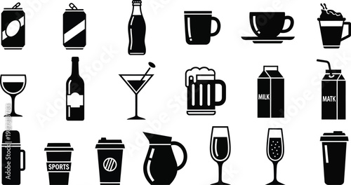 Black and white of various drink containers and glasses drink beverage symbols black and white cups