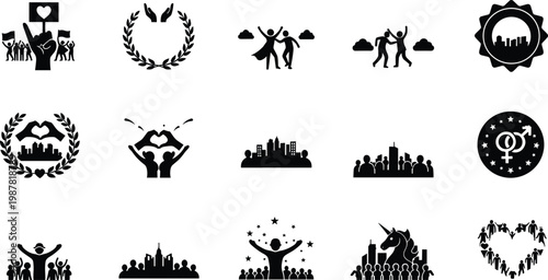 Community celebration silhouettes, equality unity diversity icons, people dancing city skyline laurel wreath heart pride vector illustration design