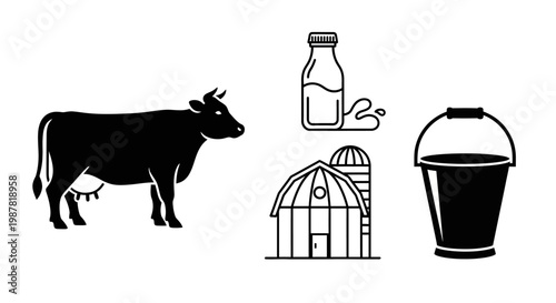 Dairy Farm Icons Set with Cow Milk Bottle Barn and Bucket