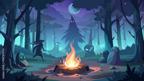 Spooky campfire scene with ghosts and mysterious figure in dark eerie forest night, Halloween concept
