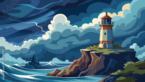 Striking seascape with lighthouse on rocky coast under stormy sky, a beacon of hope and resilience, scenic beauty