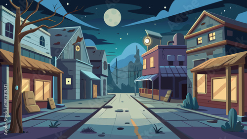 Stylized nighttime cityscape illustration with full moon and eerie atmosphere, perfect for book covers and games