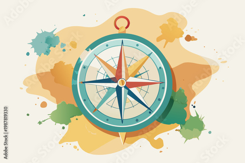 Vibrant compass rose art with splashy watercolor elements, perfect for travel themes and creative concepts