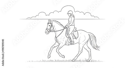 Woman Riding a Horse in a Scenic Field With Gentle Hills and Soft Clouds Above