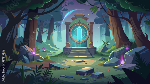 Enchanted forest portal beckons adventurers to a mystical realm, promising magic and wonder, originally vector art