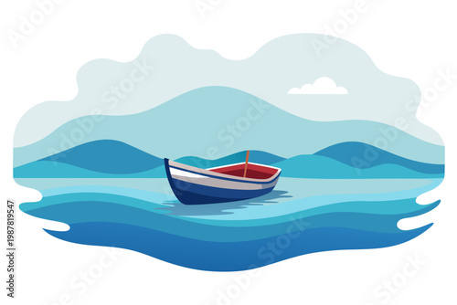 Serene seascape with charming rowboat gliding peacefully on calm waters, perfect for travel and adventure imagery