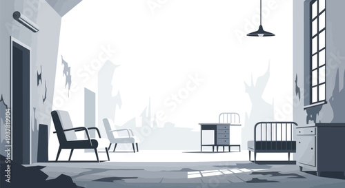 Abandoned hospital interior with empty chairs and bed in dim light