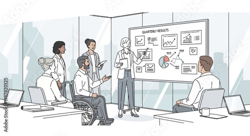 Diverse business team in meeting, presenting charts and graphs on whiteboard