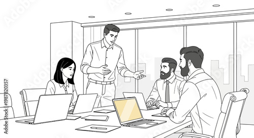 Business meeting in modern office with team collaborating on laptops