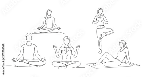 Continuous Line Wellness Activities Meditation Yoga Breathing Exercise Self Care Minimalist Line Art Illustration Set
