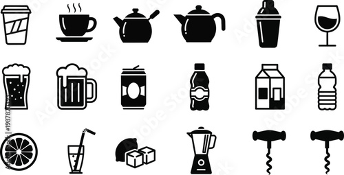 Black and white of various drinkware and beverage related