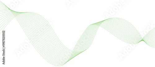 Green abstract flowing wavy lines forming dynamic ribbon wave, elegant background with vibrant color blend.
